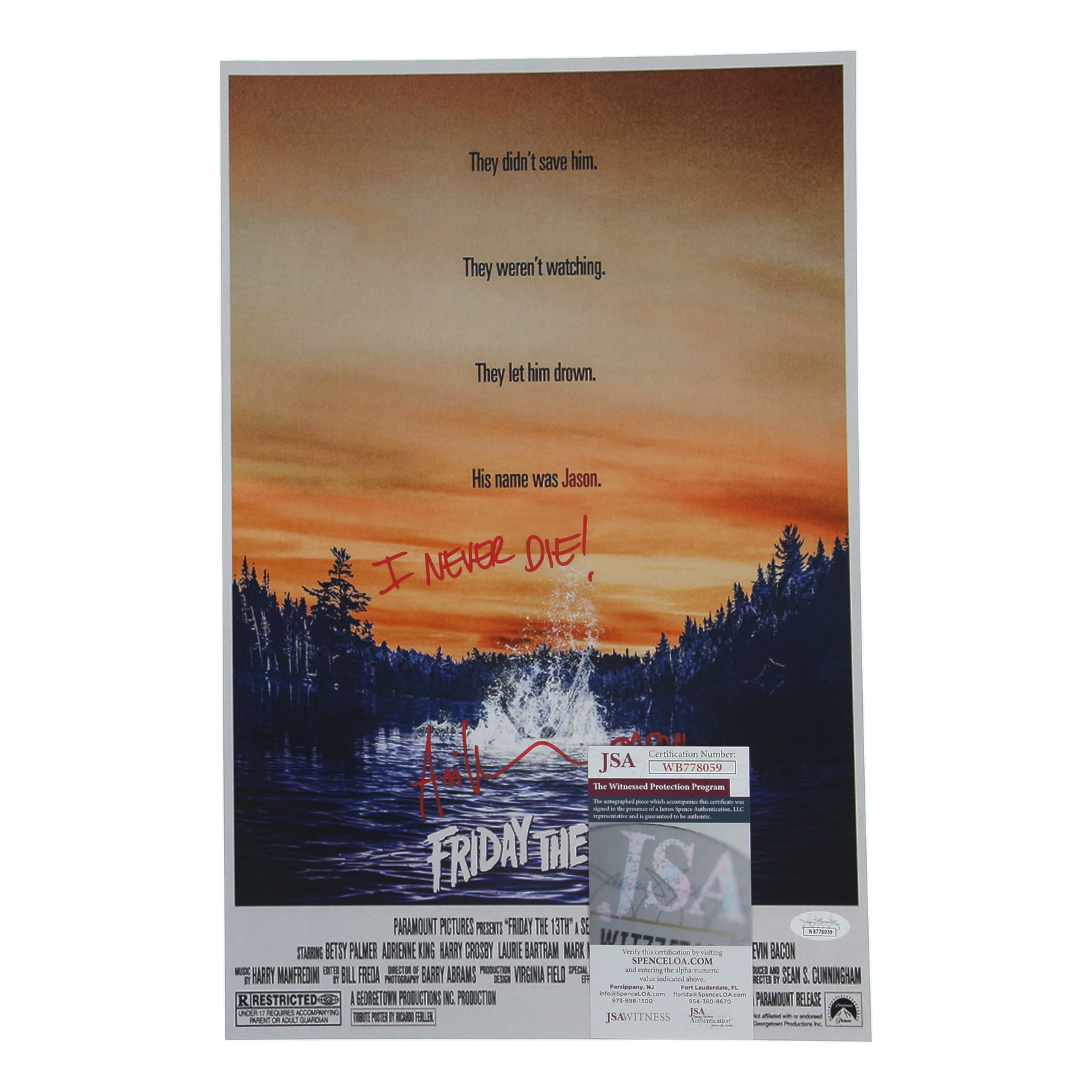 Ari Lehman Signed "Friday the 13th" 11x17 Photo Inscribed "I Never Die!" & "Jason 1" (JSA) at PristineAuction.com Ari Lehman Signed "Friday the 13th" 11x17 Photo Inscribed "I Never Die!" & "Jason 1" (JSA) at PristineAuction.com