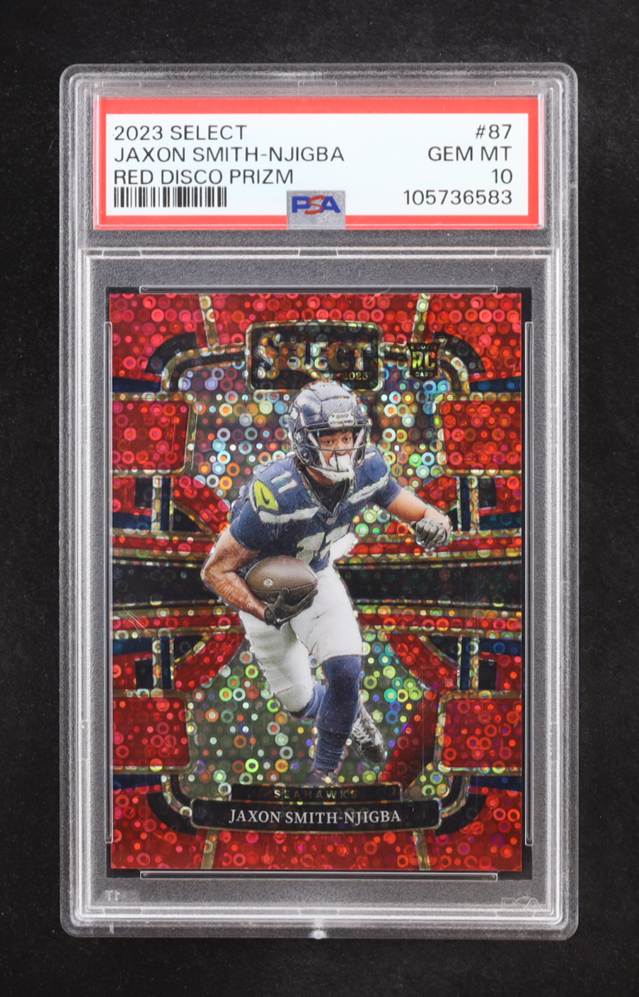 Jaxon Smith-Njigba 2023 Select Prizm Red Disco #87 #14/49 RC (PSA 10) at PristineAuction.com Jaxon Smith-Njigba 2023 Select Prizm Red Disco #87 #14/49 RC (PSA 10) at PristineAuction.com