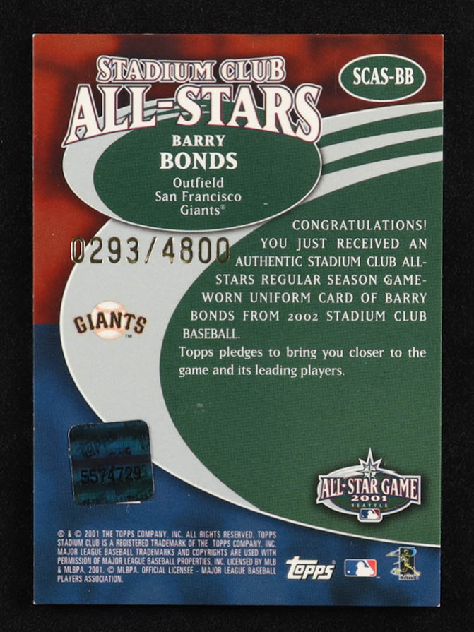 Barry Bonds 2002 Stadium Club All-Star Relics #SCASBB #0293/4800 at PristineAuction.com Barry Bonds 2002 Stadium Club All-Star Relics #SCASBB #0293/4800 at PristineAuction.com