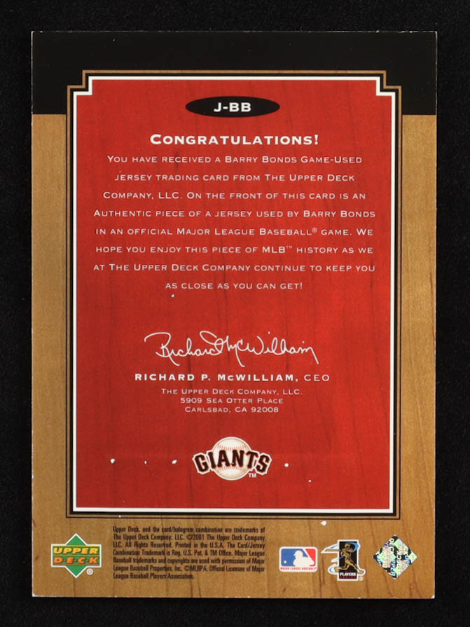 Barry Bonds 2001 Upper Deck Legends Legendary Game Jersey #JBB at PristineAuction.com Barry Bonds 2001 Upper Deck Legends Legendary Game Jersey #JBB at PristineAuction.com