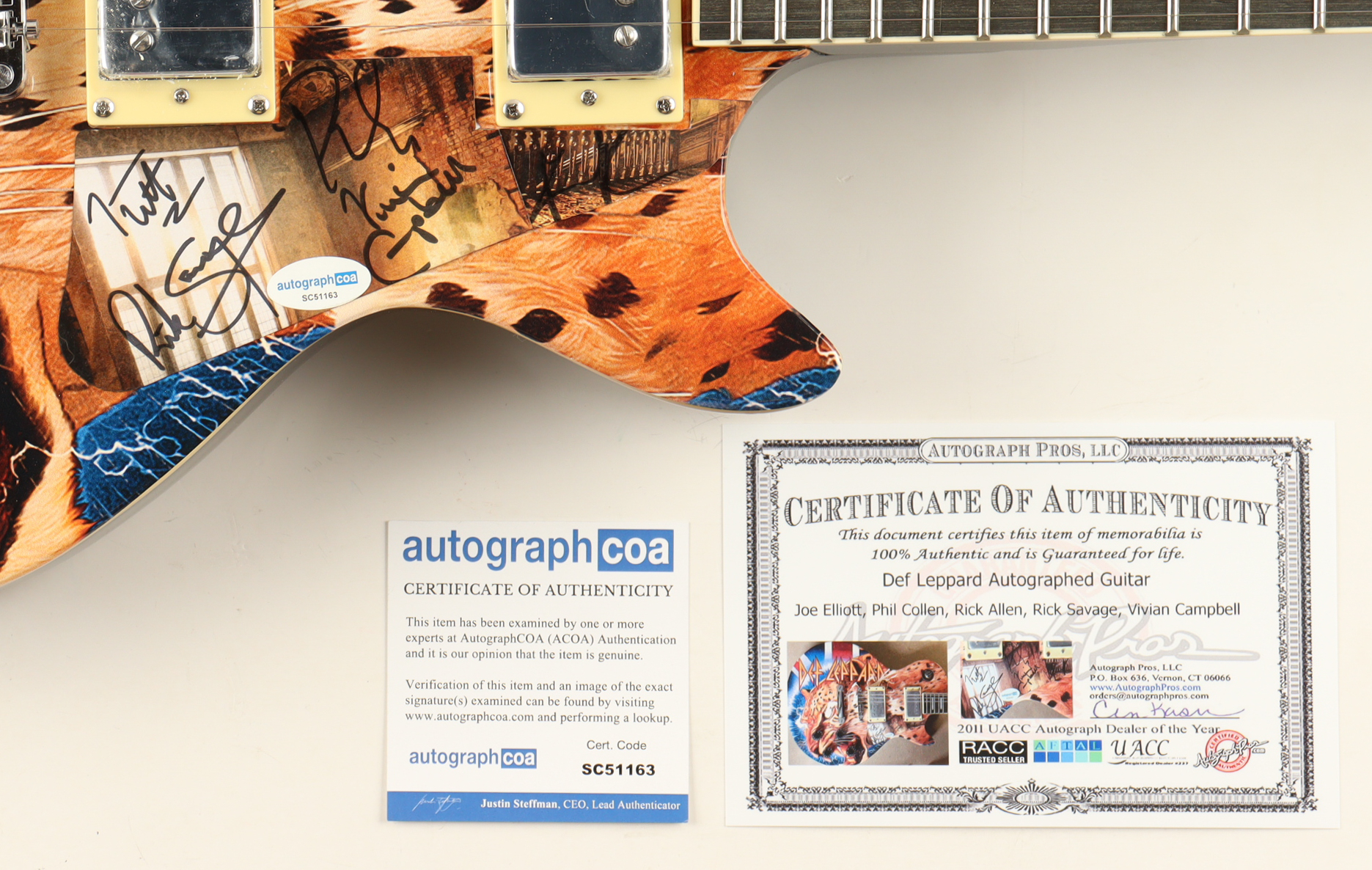 Custom 39" Electric Guitar Signed By (5) with Joe Elliot, Phil Collen, Rick Allen, & Rick Savage (ACOA & AutographPros) at PristineAuction.com Custom 39" Electric Guitar Signed By (5) with Joe Elliot, Phil Collen, Rick Allen, & Rick Savage (ACOA & AutographPros) at PristineAuction.com