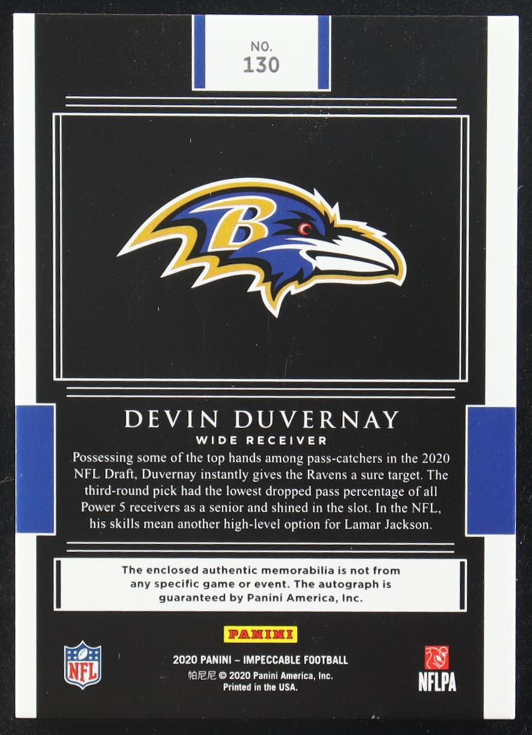 Devin Duvernay 2020 Panini Impeccable Elegance Rookie Helmet and Glove Autographs #130 RC #01/15 at PristineAuction.com Devin Duvernay 2020 Panini Impeccable Elegance Rookie Helmet and Glove Autographs #130 RC #01/15 at PristineAuction.com