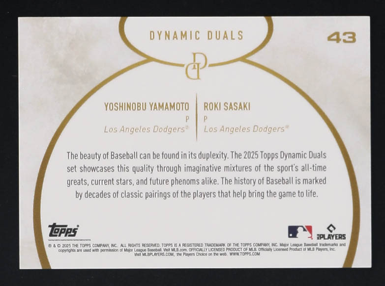Yoshinobu Yamamoto/Roki Sasaki 2025 Topps Dynamic Duals Purple #43 #67/99 at PristineAuction.com Yoshinobu Yamamoto/Roki Sasaki 2025 Topps Dynamic Duals Purple #43 #67/99 at PristineAuction.com