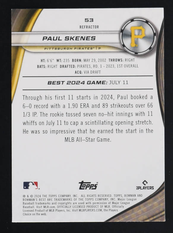 Paul Skenes 2024 Bowman's Best Refractors #53 RC at PristineAuction.com Paul Skenes 2024 Bowman's Best Refractors #53 RC at PristineAuction.com