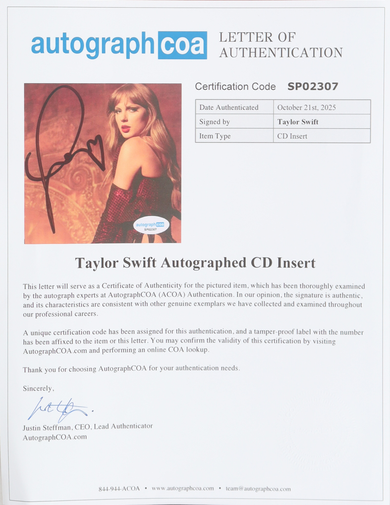 Taylor Swift Signed "The Life of a Showgirl" Custom Framed CD Insert Display (ACOA) at PristineAuction.com Taylor Swift Signed "The Life of a Showgirl" Custom Framed CD Insert Display (ACOA) at PristineAuction.com