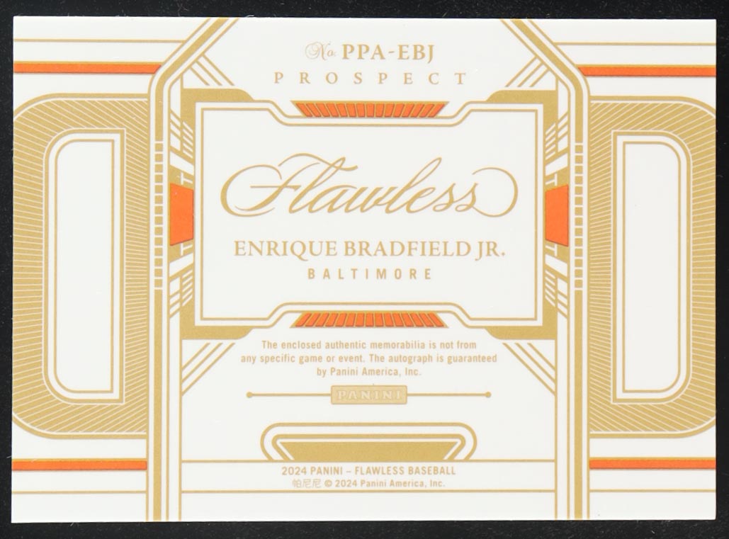 Enrique Bradfield Jr. 2024 Panini Flawless Prospect Memorabilia Patch Autographs #PPA-EBJ #03/10 at PristineAuction.com Enrique Bradfield Jr. 2024 Panini Flawless Prospect Memorabilia Patch Autographs #PPA-EBJ #03/10 at PristineAuction.com