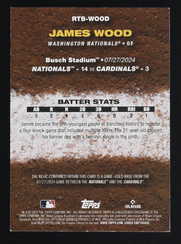James Wood 2025 Topps Rounding the Bases Relics #RTB-WOOD at PristineAuction.com James Wood 2025 Topps Rounding the Bases Relics #RTB-WOOD at PristineAuction.com