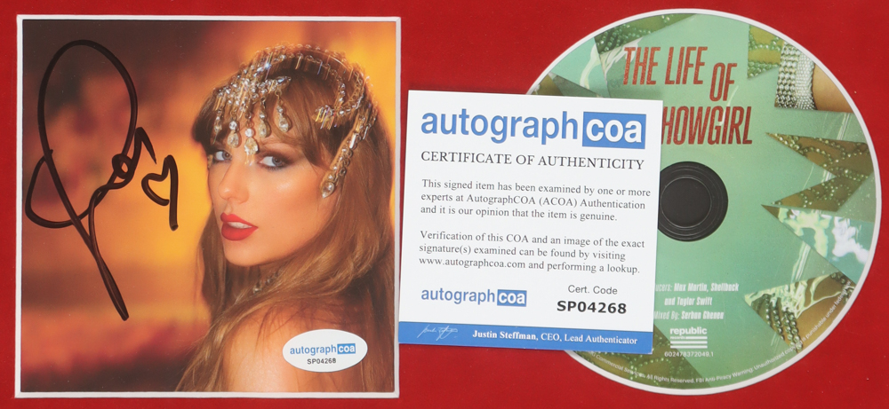 Taylor Swift Signed "The Life of a Showgirl" Custom Framed CD Insert Display (ACOA) at PristineAuction.com Taylor Swift Signed "The Life of a Showgirl" Custom Framed CD Insert Display (ACOA) at PristineAuction.com