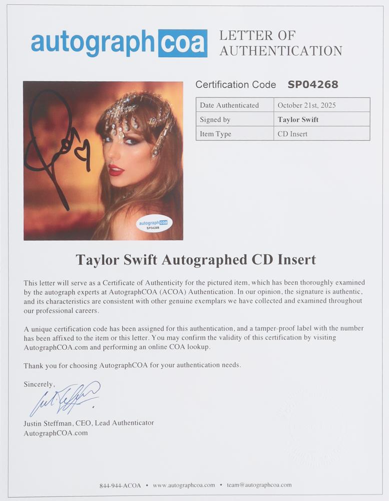Taylor Swift Signed "The Life of a Showgirl" Custom Framed CD Insert Display (ACOA) at PristineAuction.com Taylor Swift Signed "The Life of a Showgirl" Custom Framed CD Insert Display (ACOA) at PristineAuction.com