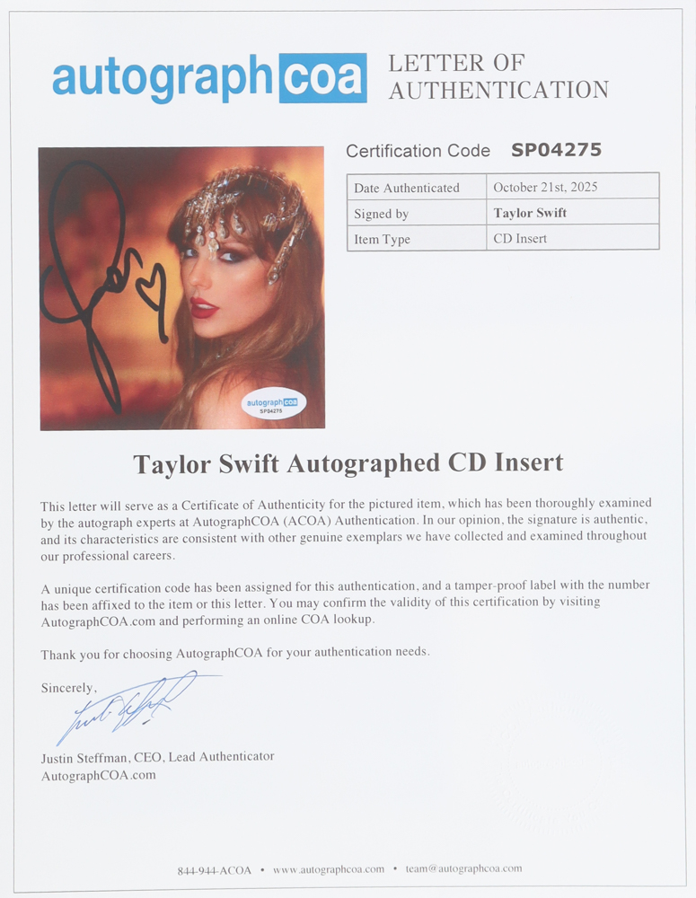 Taylor Swift Signed "The Life of a Showgirl" Custom Framed CD Insert Display (ACOA) at PristineAuction.com Taylor Swift Signed "The Life of a Showgirl" Custom Framed CD Insert Display (ACOA) at PristineAuction.com