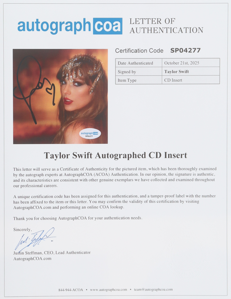 Taylor Swift Signed "The Life of a Showgirl" Custom Framed CD Insert Display (ACOA) at PristineAuction.com Taylor Swift Signed "The Life of a Showgirl" Custom Framed CD Insert Display (ACOA) at PristineAuction.com