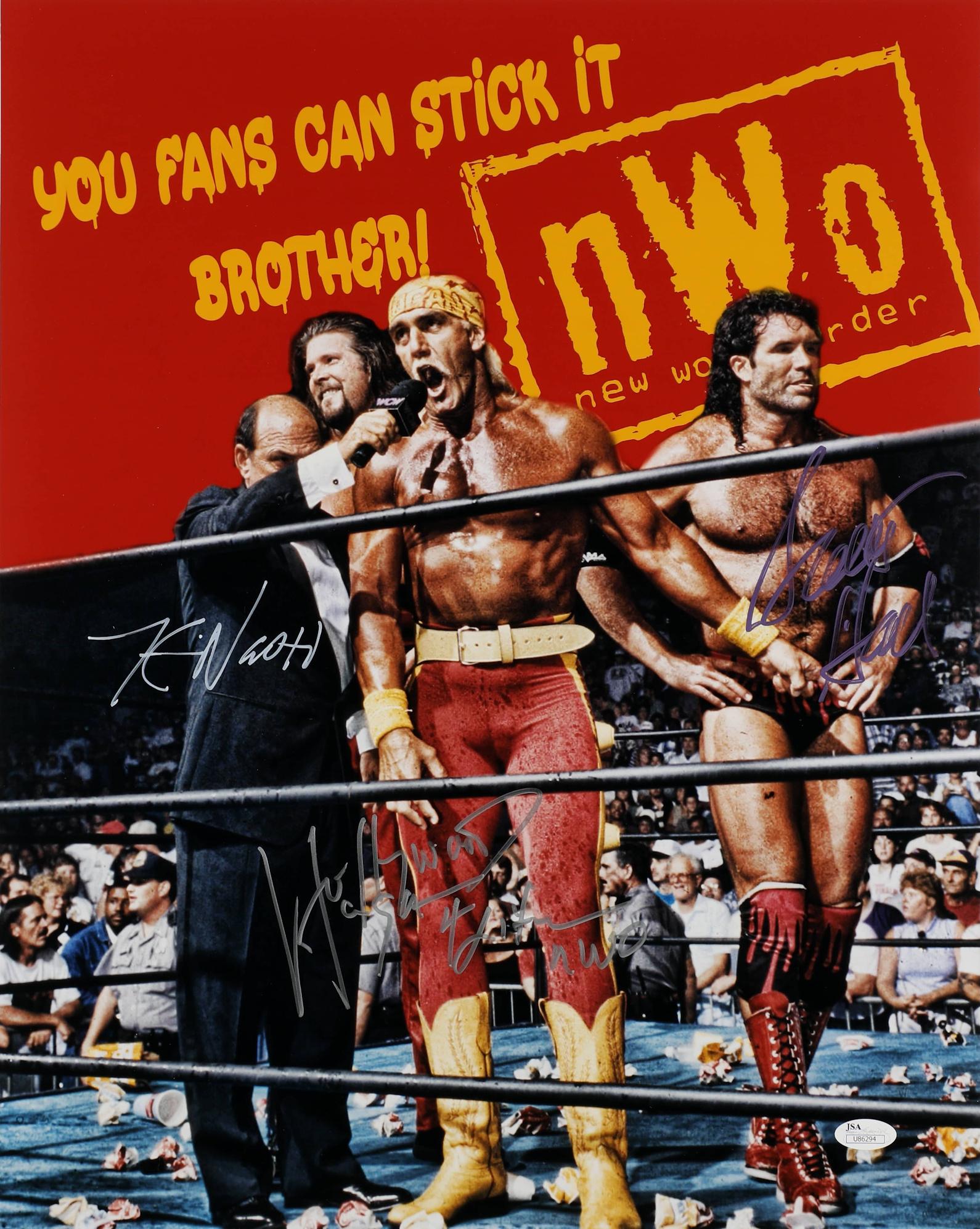Hollywood Hulk Hogan, Kevin Nash, & Scott Hall Signed WWE 16x20 Photo Inscribed "Hollywood Hogan 4 Life NWO" (JSA) at PristineAuction.com Hollywood Hulk Hogan, Kevin Nash, & Scott Hall Signed WWE 16x20 Photo Inscribed "Hollywood Hogan 4 Life NWO" (JSA) at PristineAuction.com