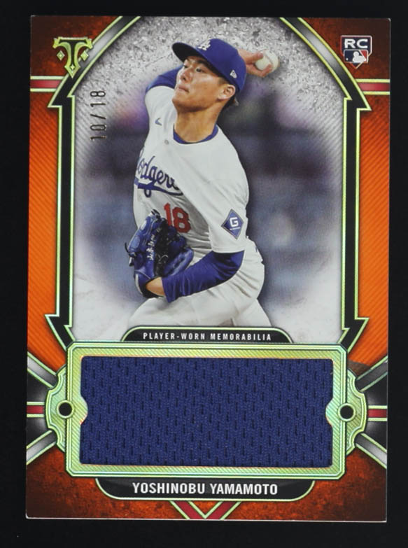 Yoshinobu Yamamoto 2024 Topps Triple Threads Single Jumbo Relics Amber #SJR-YAMA2 #10/18 RC at PristineAuction.com Yoshinobu Yamamoto 2024 Topps Triple Threads Single Jumbo Relics Amber #SJR-YAMA2 #10/18 RC at PristineAuction.com