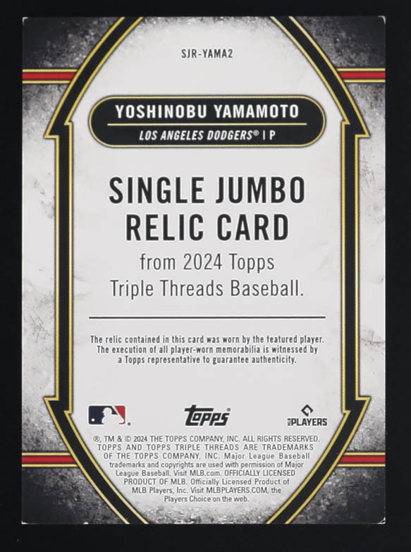 Yoshinobu Yamamoto 2024 Topps Triple Threads Single Jumbo Relics Amber #SJR-YAMA2 #10/18 RC at PristineAuction.com Yoshinobu Yamamoto 2024 Topps Triple Threads Single Jumbo Relics Amber #SJR-YAMA2 #10/18 RC at PristineAuction.com
