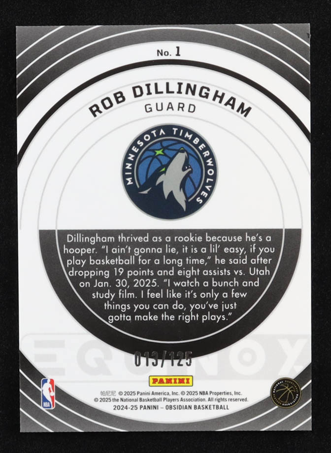 Rob Dillingham 2024-25 Panini Obsidian Equinox #1 #013/125 RC at PristineAuction.com Rob Dillingham 2024-25 Panini Obsidian Equinox #1 #013/125 RC at PristineAuction.com