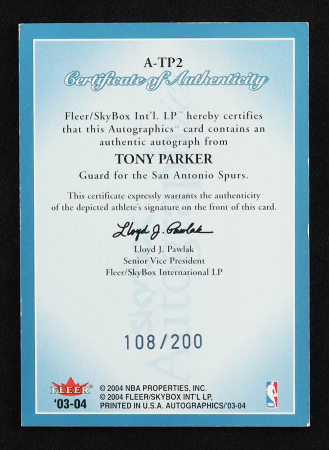 Tony Parker 2003-04 SkyBox Autographics Autographs #TP2 #108/200 at PristineAuction.com Tony Parker 2003-04 SkyBox Autographics Autographs #TP2 #108/200 at PristineAuction.com