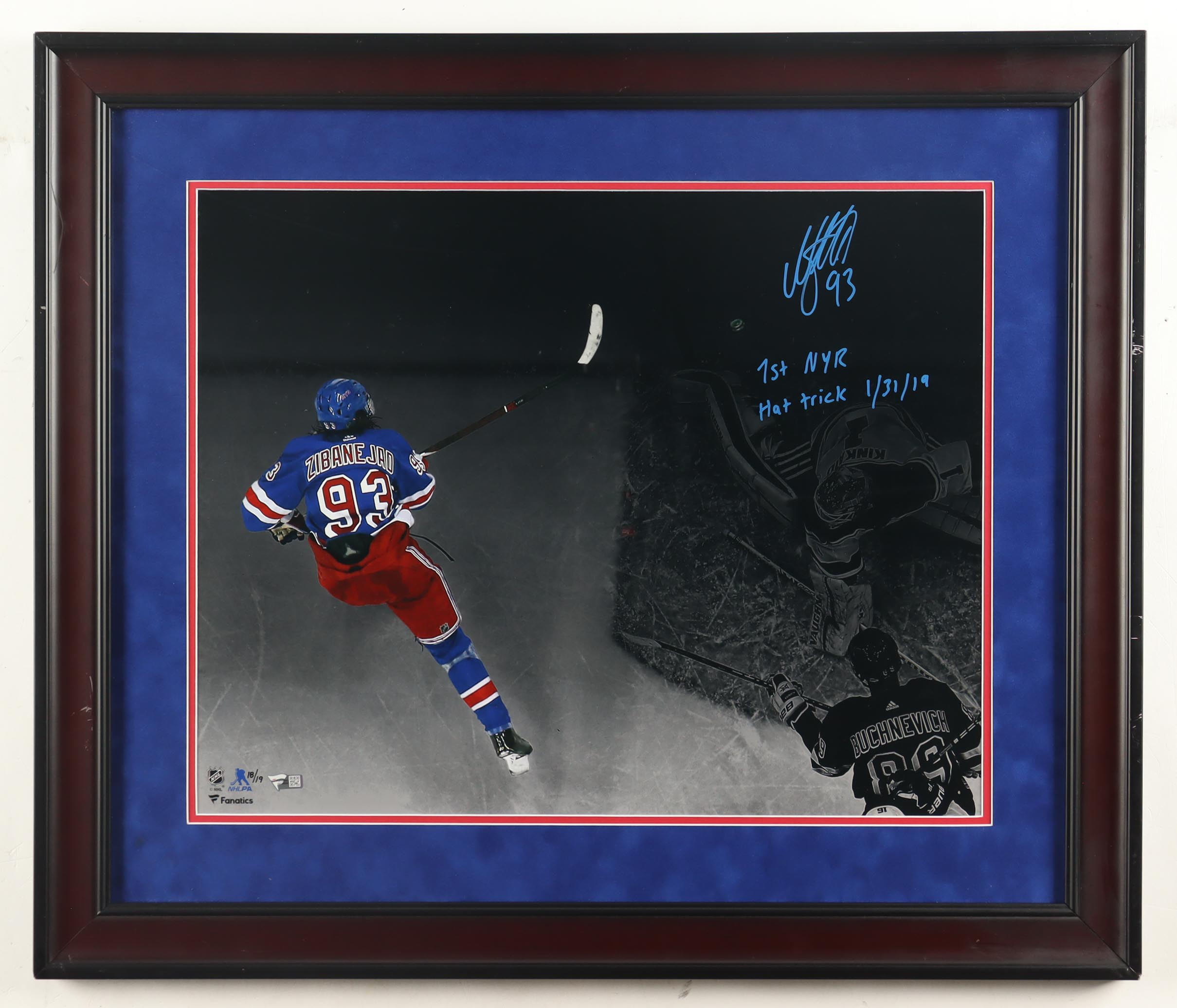 Mika Zibanejad Signed Rangers Custom Framed Photo Display Inscribed "1st NYR Hat Trick 1/31/19" (Fanatics) at PristineAuction.com Mika Zibanejad Signed Rangers Custom Framed Photo Display Inscribed "1st NYR Hat Trick 1/31/19" (Fanatics) at PristineAuction.com