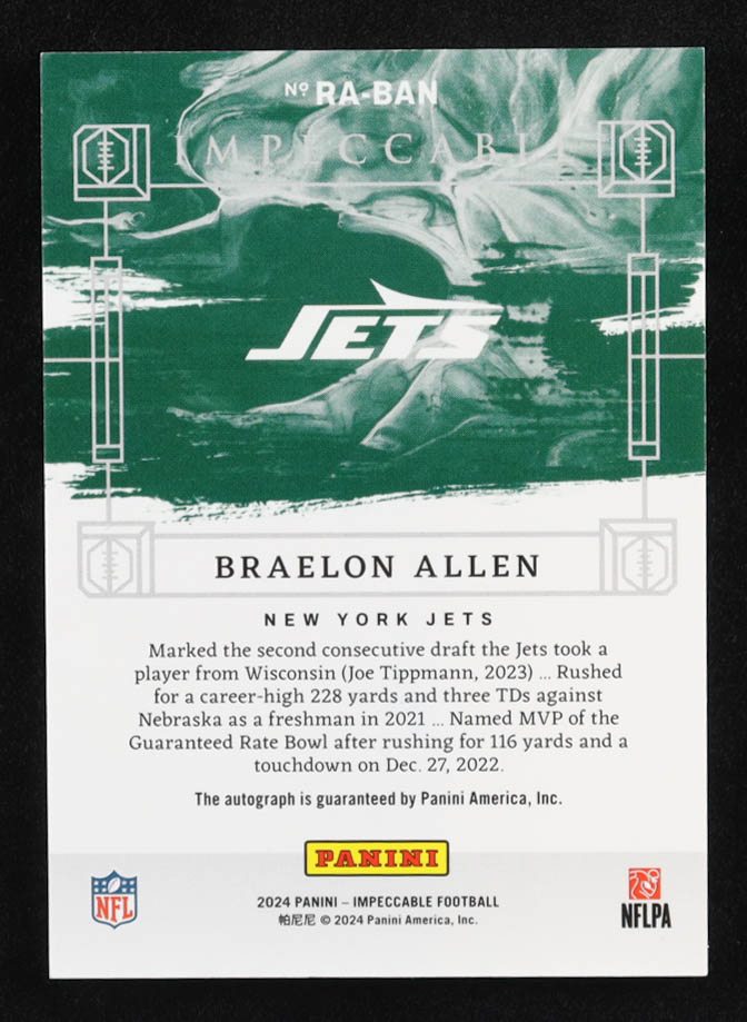 Braelon Allen 2024 Panini Impeccable Rookie Autographs Silver #27 #27/49 RC at PristineAuction.com Braelon Allen 2024 Panini Impeccable Rookie Autographs Silver #27 #27/49 RC at PristineAuction.com