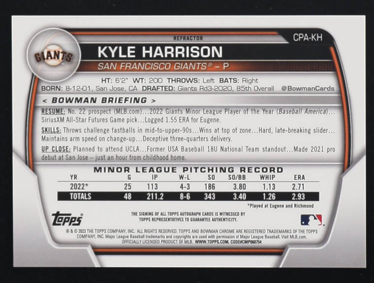 Kyle Harrison 2023 Bowman Chrome Prospect Autographs Refractors #CPA-KH #10/499 RC at PristineAuction.com Kyle Harrison 2023 Bowman Chrome Prospect Autographs Refractors #CPA-KH #10/499 RC at PristineAuction.com