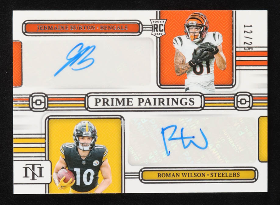 Jermaine Burton / Roman Wilson 2024 Panini National Treasures Rookie Prime Pairings Autographs #17 #12/25 RC at PristineAuction.com Jermaine Burton / Roman Wilson 2024 Panini National Treasures Rookie Prime Pairings Autographs #17 #12/25 RC at PristineAuction.com