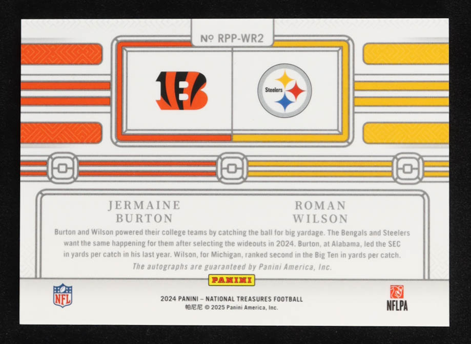 Jermaine Burton / Roman Wilson 2024 Panini National Treasures Rookie Prime Pairings Autographs #17 #12/25 RC at PristineAuction.com Jermaine Burton / Roman Wilson 2024 Panini National Treasures Rookie Prime Pairings Autographs #17 #12/25 RC at PristineAuction.com