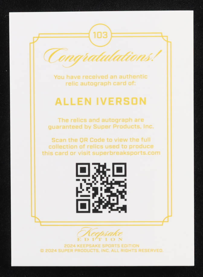 Allen Iverson 2024 Keepsake Sports Gem Patch Autograph #103 #28/75 at PristineAuction.com Allen Iverson 2024 Keepsake Sports Gem Patch Autograph #103 #28/75 at PristineAuction.com