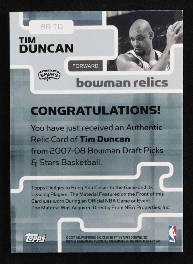 Tim Duncan 2007-08 Bowman Relics #TD at PristineAuction.com Tim Duncan 2007-08 Bowman Relics #TD at PristineAuction.com
