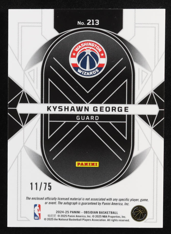 Kyshawn George 2024-25 Panini Obsidian Electric Etch Purple Flood JSY AU #213 #11/75 RC at PristineAuction.com Kyshawn George 2024-25 Panini Obsidian Electric Etch Purple Flood JSY AU #213 #11/75 RC at PristineAuction.com