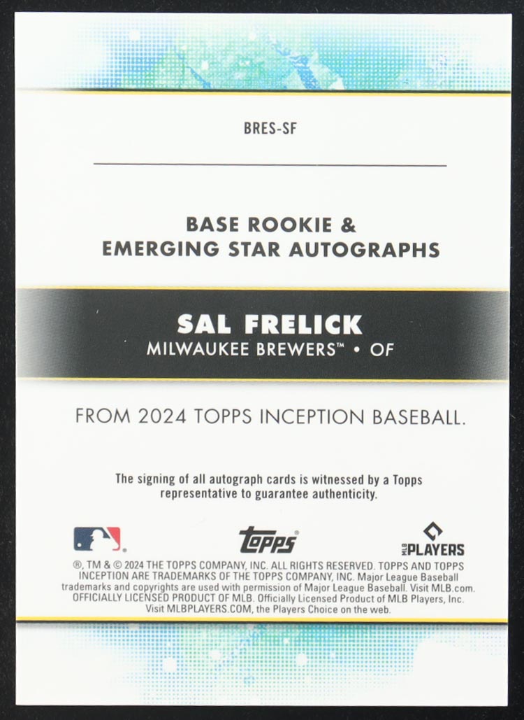 Sal Frelick 2024 Topps Inception Base Rookie & Emerging Star Autographs #BRES-SF RC #092/199 at PristineAuction.com Sal Frelick 2024 Topps Inception Base Rookie & Emerging Star Autographs #BRES-SF RC #092/199 at PristineAuction.com