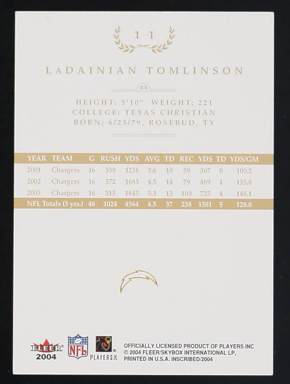 LaDainian Tomlinson 2004 Fleer Inscribed Black Border Gold #11 #55/199 at PristineAuction.com LaDainian Tomlinson 2004 Fleer Inscribed Black Border Gold #11 #55/199 at PristineAuction.com
