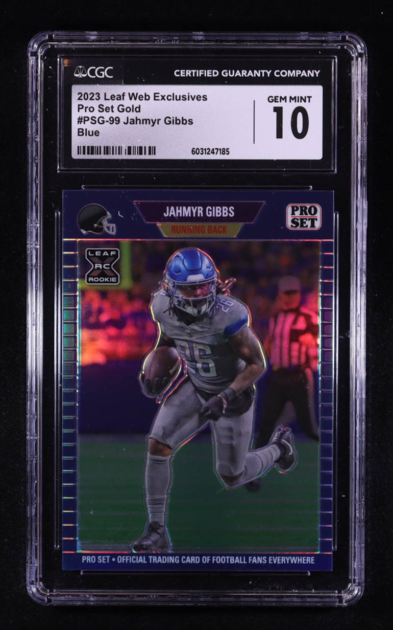 Jahmyr Gibbs 2023 Leaf Web Exclusives Pro Set Blue #PSG99 RC #25/25 (CGC 10) at PristineAuction.com Jahmyr Gibbs 2023 Leaf Web Exclusives Pro Set Blue #PSG99 RC #25/25 (CGC 10) at PristineAuction.com