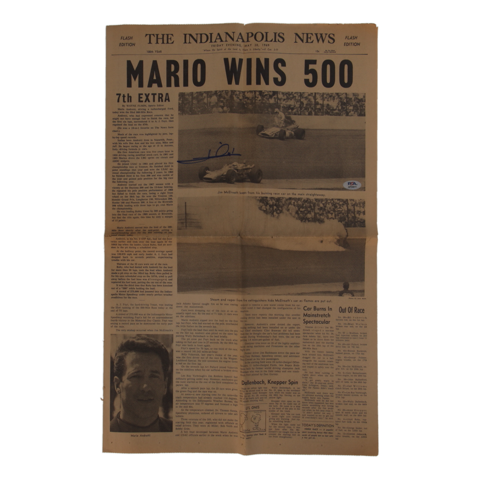 Mario Andretti Signed "The Indianapolis News" 1969 Newspaper (PSA) at PristineAuction.com Mario Andretti Signed "The Indianapolis News" 1969 Newspaper (PSA) at PristineAuction.com