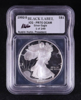 1992-S 1oz Fine Silver American Silver Eagle - Austin Hutto Signature Black Label LE #/249 (ICG PR70 DCAM) at PristineAuction.com