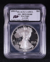 1991-S American Silver Eagle - 1oz Fine Silver Austin Hutto Signature Black Label LE #/249 (ICG PR70 DCAM) at PristineAuction.com