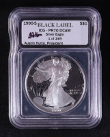 1990-S American Silver Eagle - 1oz Fine Silver Austin Hutto Signature Black Label LE #/249 (ICG PR70 DCAM) at PristineAuction.com