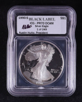 1990-S American Silver Eagle - 1oz Fine Silver Austin Hutto Signature Black Label LE #/249 (ICG PR70 DCAM) at PristineAuction.com