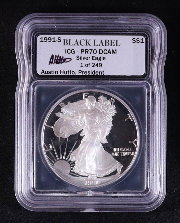 1991-S American Silver Eagle - 1oz Fine Silver Austin Hutto Signature Black Label LE #/249 (ICG PR70 DCAM) at PristineAuction.com 1991-S American Silver Eagle - 1oz Fine Silver Austin Hutto Signature Black Label LE #/249 (ICG PR70 DCAM) at PristineAuction.com