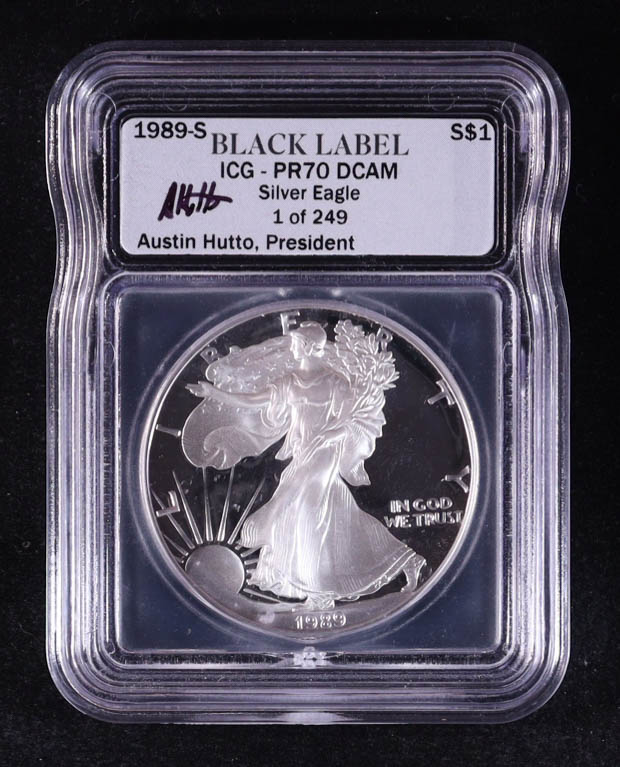 1989-S American Silver Eagle - 1oz Fine Silver Austin Hutto Signature Black Label LE #/249 (ICG PR70 DCAM) at PristineAuction.com 1989-S American Silver Eagle - 1oz Fine Silver Austin Hutto Signature Black Label LE #/249 (ICG PR70 DCAM) at PristineAuction.com