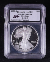 1986-S American Silver Eagle - 1oz Fine Silver Austin Hutto Signature Black Label LE #/249 (ICG PR70 DCAM) at PristineAuction.com