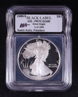 1986-S American Silver Eagle - 1oz Fine Silver Austin Hutto Signature Black Label LE #/249 (ICG PR70 DCAM) at PristineAuction.com