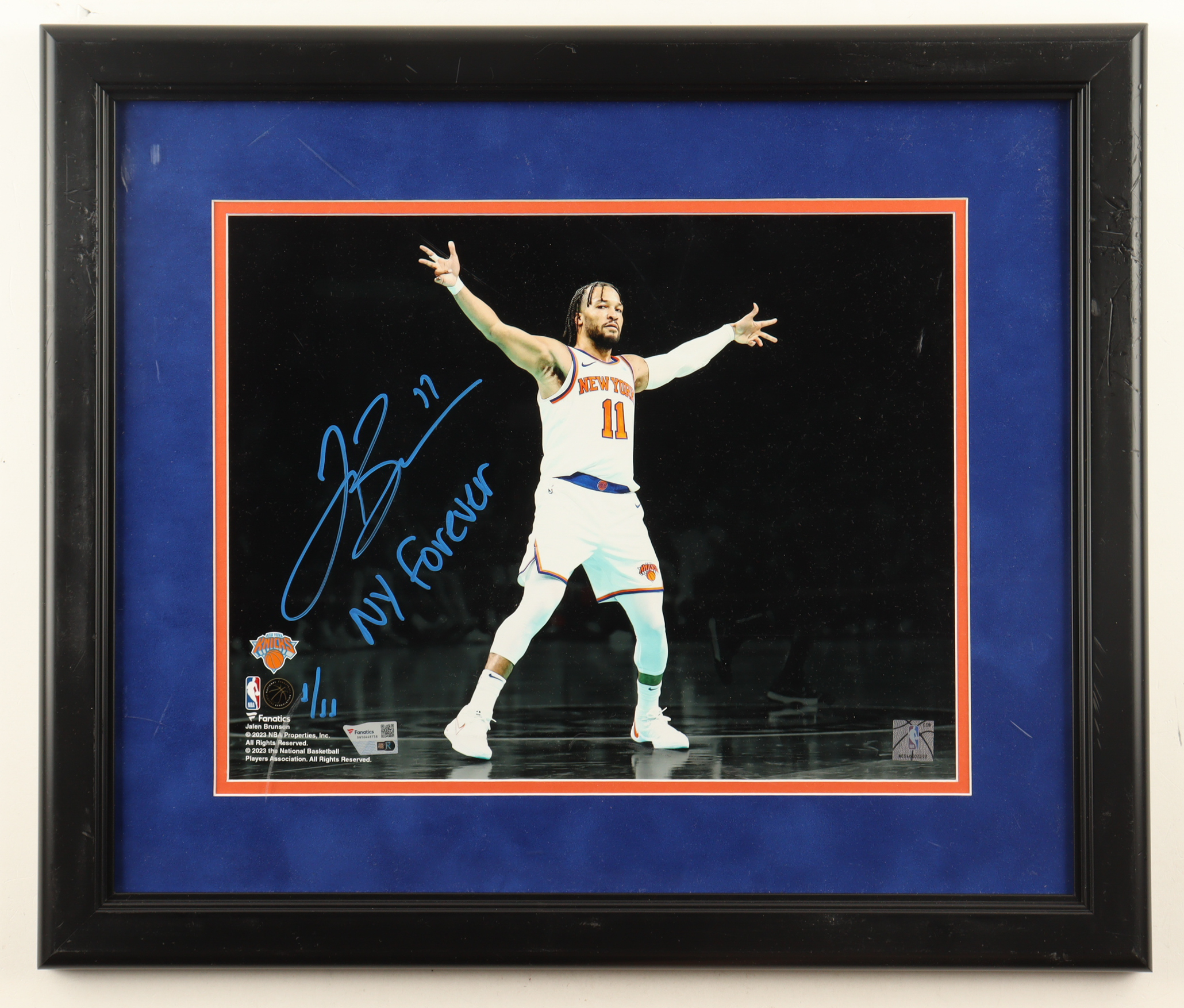 Jalen Brunson Signed LE Knicks Custom Framed Photo Display Inscribed "NY Forever" #1/11 (Fanatics) at PristineAuction.com Jalen Brunson Signed LE Knicks Custom Framed Photo Display Inscribed "NY Forever" #1/11 (Fanatics) at PristineAuction.com