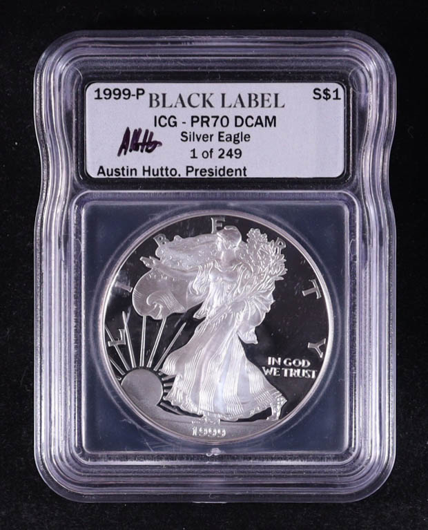 1999-S American Silver Eagle - 1oz Fine Silver Austin Hutto Signature Black Label LE #/249 (ICG PR70 DCAM) at PristineAuction.com 1999-S American Silver Eagle - 1oz Fine Silver Austin Hutto Signature Black Label LE #/249 (ICG PR70 DCAM) at PristineAuction.com