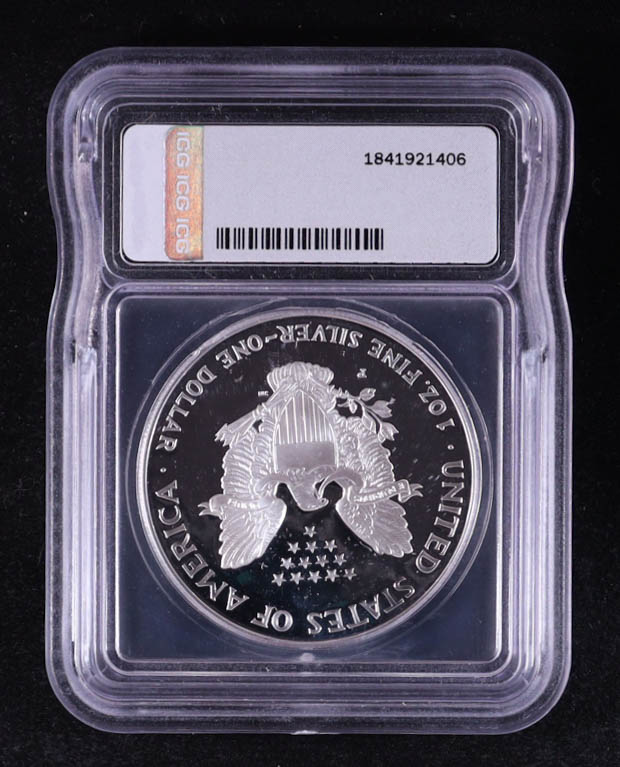 1999-S American Silver Eagle - 1oz Fine Silver Austin Hutto Signature Black Label LE #/249 (ICG PR70 DCAM) at PristineAuction.com 1999-S American Silver Eagle - 1oz Fine Silver Austin Hutto Signature Black Label LE #/249 (ICG PR70 DCAM) at PristineAuction.com