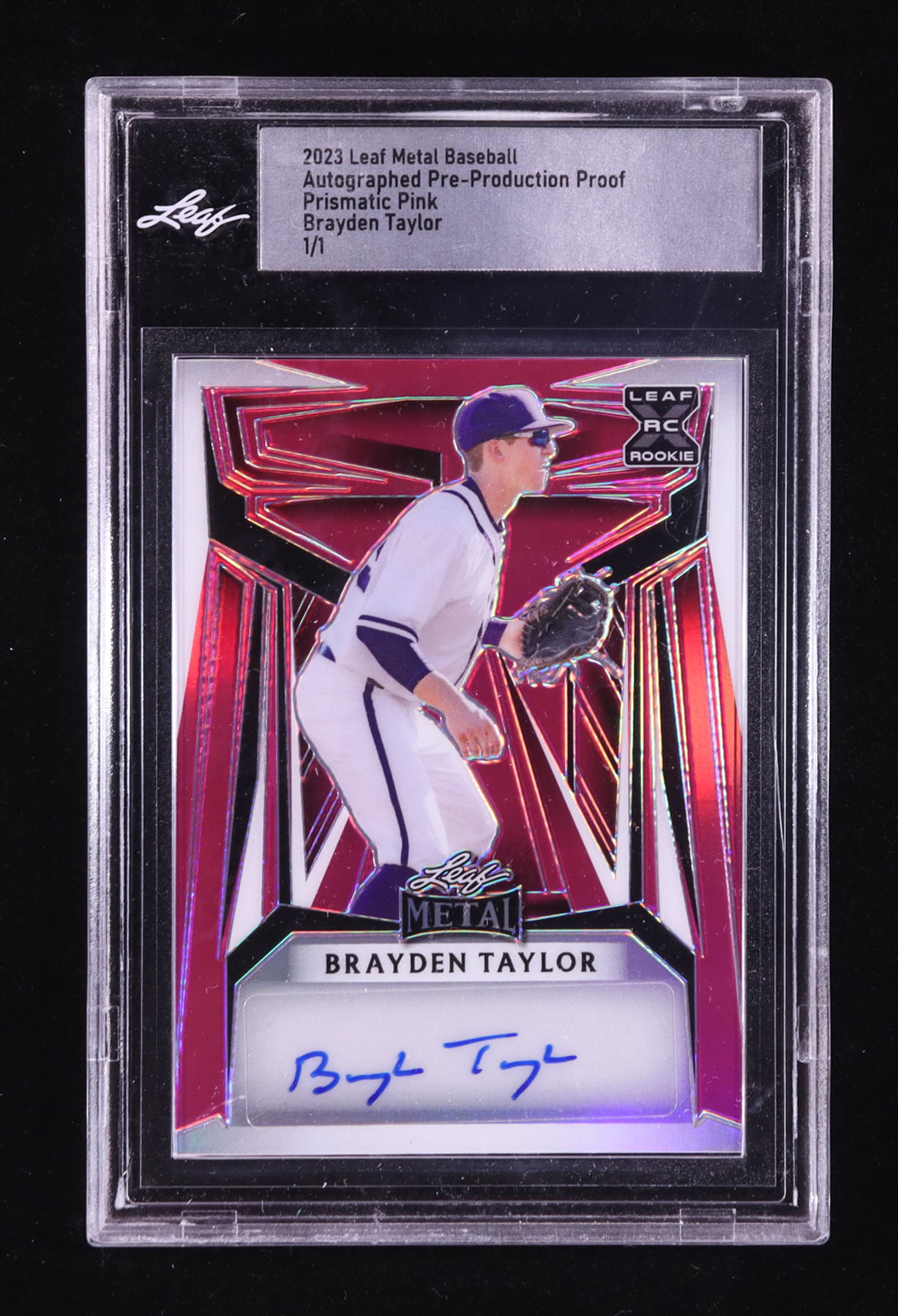 Braydon Taylor 2023 Leaf Metal Autographs Prismatic Pink Pre-Production Proof #NNO #1/1 (Leaf) at PristineAuction.com Braydon Taylor 2023 Leaf Metal Autographs Prismatic Pink Pre-Production Proof #NNO #1/1 (Leaf) at PristineAuction.com