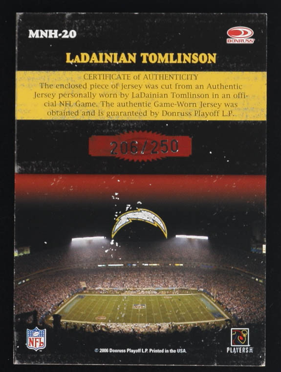 LaDainian Tomlinson 2006 Donruss Classics Monday Night Heroes Jerseys #MNH-20 #206/250 at PristineAuction.com LaDainian Tomlinson 2006 Donruss Classics Monday Night Heroes Jerseys #MNH-20 #206/250 at PristineAuction.com