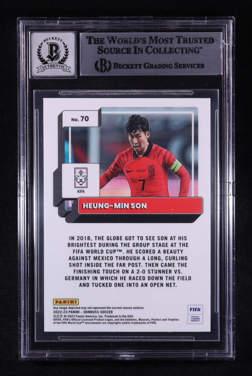 Heung-Min Son Signed 2022-23 Donruss Optic #70 (Beckett | Auto Grade Beckett 10) at PristineAuction.com Heung-Min Son Signed 2022-23 Donruss Optic #70 (Beckett | Auto Grade Beckett 10) at PristineAuction.com