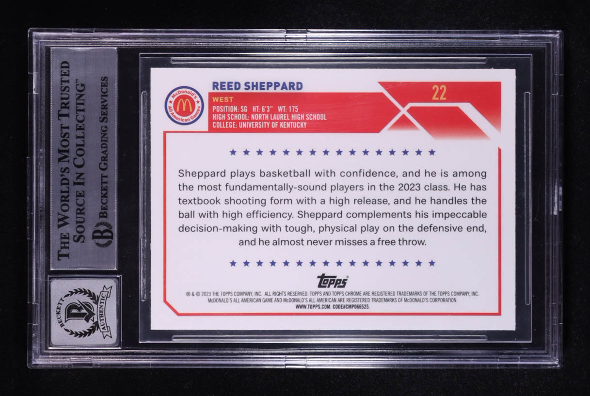 Reed Sheppard Signed 2023 Topps Chrome McDonald's All American #22 RC (Beckett | Auto Grade Beckett 10) at PristineAuction.com Reed Sheppard Signed 2023 Topps Chrome McDonald's All American #22 RC (Beckett | Auto Grade Beckett 10) at PristineAuction.com