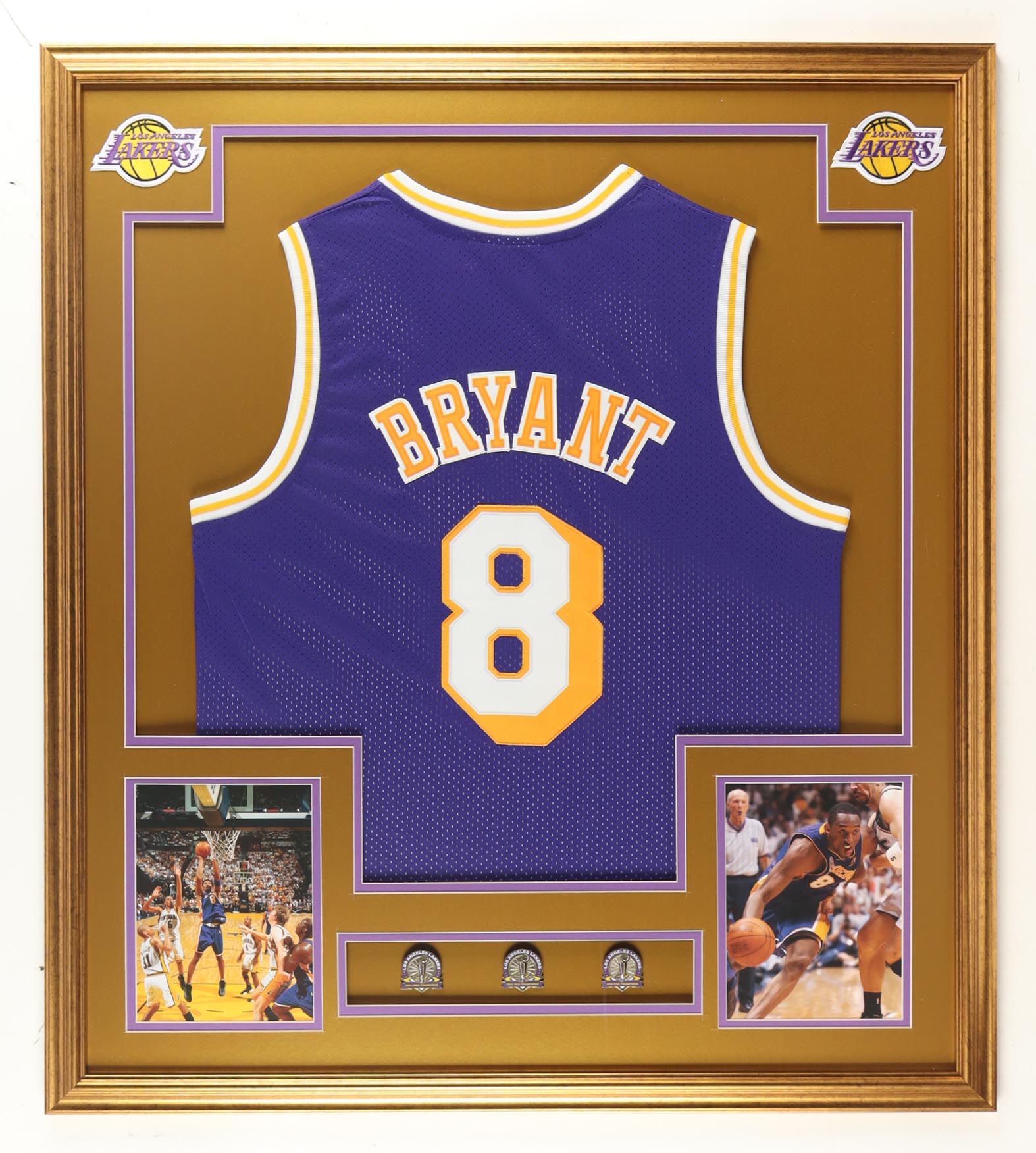 Kobe Bryant Custom Framed Jersey Display with (3) Championship Pins at PristineAuction.com Kobe Bryant Custom Framed Jersey Display with (3) Championship Pins at PristineAuction.com