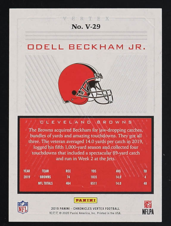 Odell Beckham Jr. 2019 Panini Vertex Purple #V-29 #9/49 at PristineAuction.com Odell Beckham Jr. 2019 Panini Vertex Purple #V-29 #9/49 at PristineAuction.com