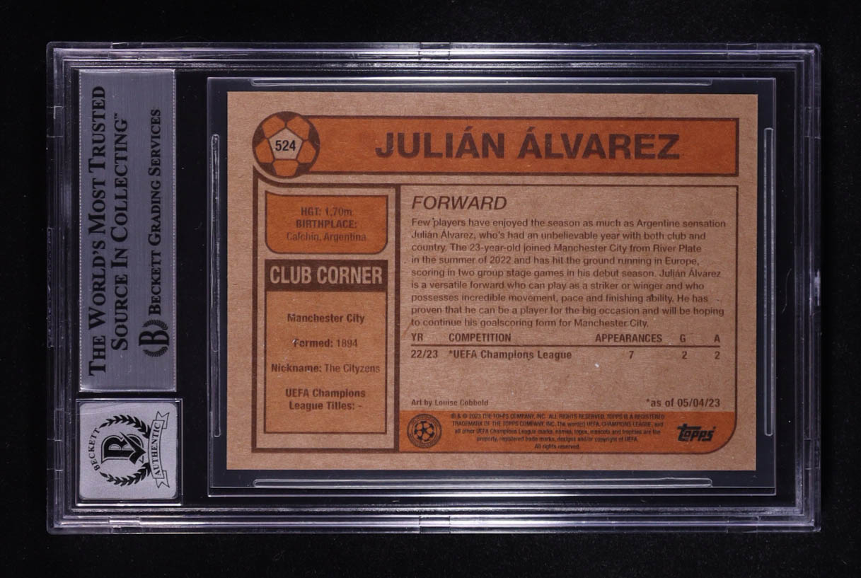 Julian Alvarez Signed 2023 Topps Living UEFA Club Competitions #524 RC (Beckett 9 | Auto Grade Beckett 10) at PristineAuction.com Julian Alvarez Signed 2023 Topps Living UEFA Club Competitions #524 RC (Beckett 9 | Auto Grade Beckett 10) at PristineAuction.com
